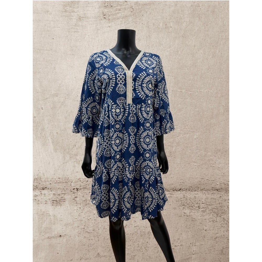 Saiph Lab Italy Blue Boho Cotton Dress L Tiered V Neck Peasant - Picture 3 of 10